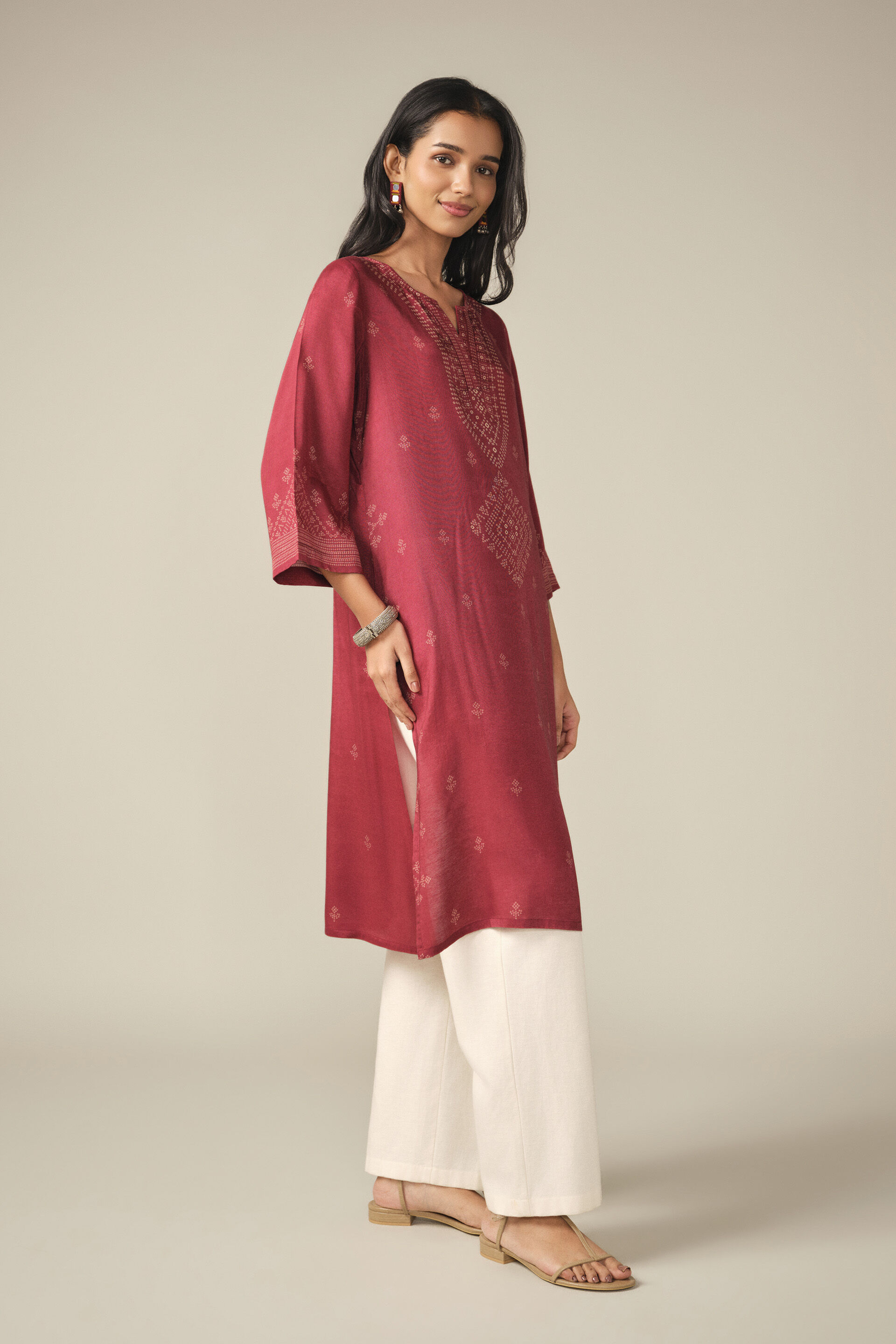 Printed Kurta in Red, Red, image 3